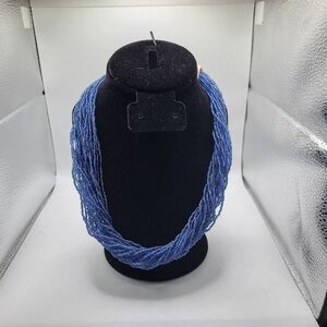 Artisan Made Hand Carved Wood and Bone Beads with Multistrand Silver Blue Seed B